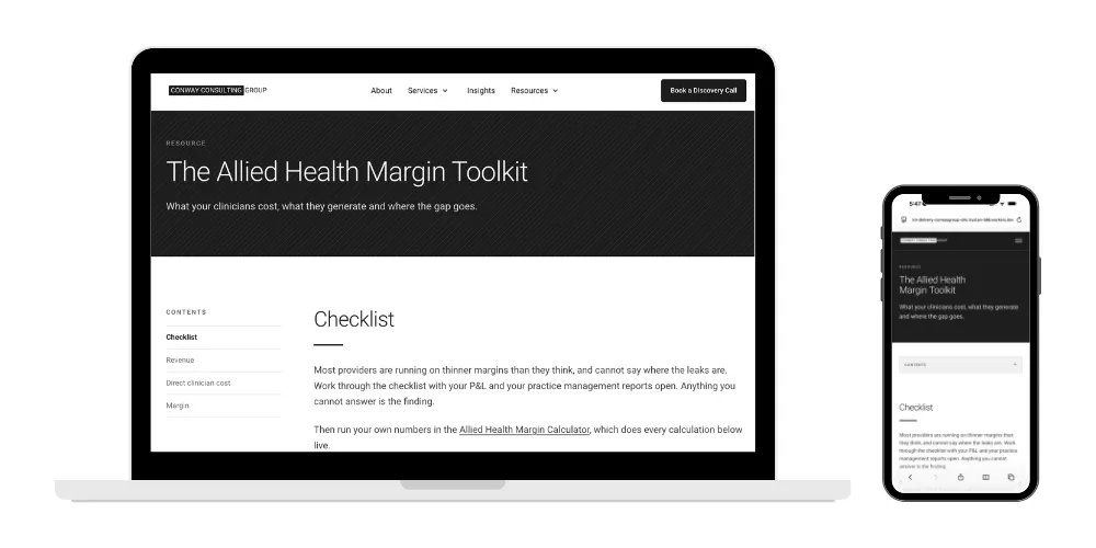 The Allied Health Margin Toolkit open on a laptop and a phone, showing the contents list and the start of the checklist.